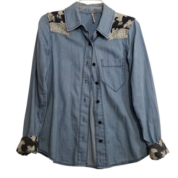 Unique Free People Women's XS Long Sleeve Button Down Shirt with Cool Design - Picture 1 of 11
